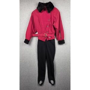 Vintage Nils Skiwear Jumpsuit Womens 6 Petite Red Black Belted Ski Suit USA 80s